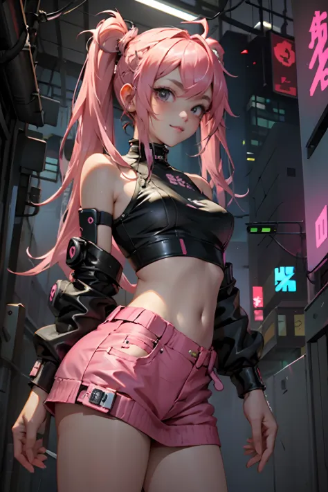 Beautiful woman pink twin tail long hair、cyberpunk style short clothes、gazing at viewer、front facing、A slight smil