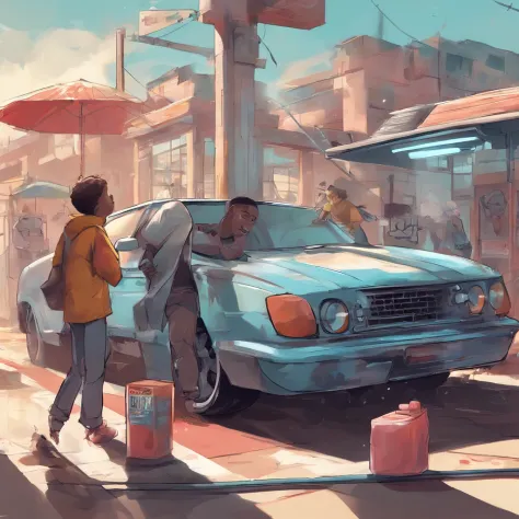 Semi-realistic car wash illustration, Girl washing the car, The boy squatted in the car suit, The other holds the jacket and carefully examines the translucent color of the part, Each one makes different parts in the packaging application process of cars. ...