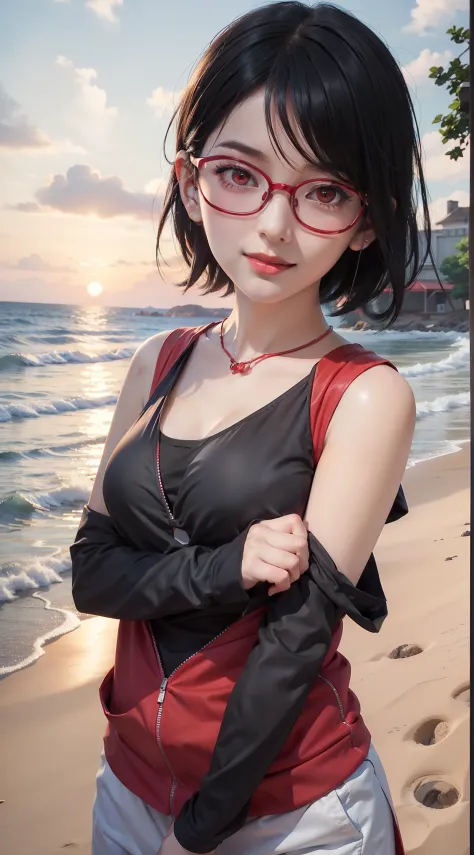 1girl, sarada uchiha in anime boruto, short hair, black hair, red eyes, smile, beautiful, sexy dress, sexy clothes, red clothes,...