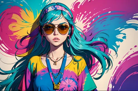 Pop Art Style, (top-quality, ​masterpiece), 1girll, 70's, hippy, Colorful, Pop, One Woman, Hold your hand over the headphones, Closing one eye, Look up for a while and listen, 90-degree side of the upper body with the face slightly raised, a necklace, bang...