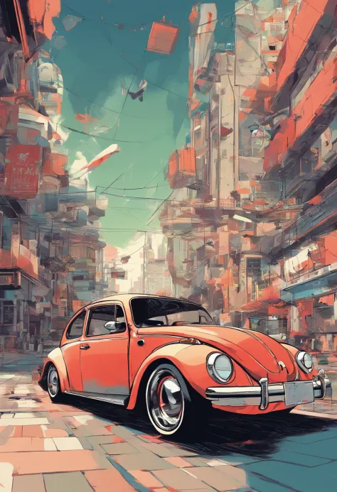 Top to bottom view of a vintage Beetle artwork, Anime style in the 90s, detailed anime art, Vintage anime art from the 90s, Detailed representation of the traditional ladybug shading anime, Retrograde art, nostalgia, dynamic lighting, Clean and pure detail...