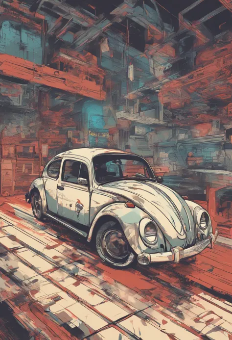 Top to bottom view of a vintage Beetle artwork, Anime style in the 90s, detailed anime art, Vintage anime art from the 90s, Detailed representation of the traditional ladybug shading anime, Retrograde art, nostalgia, dynamic lighting, Clean and pure detail...