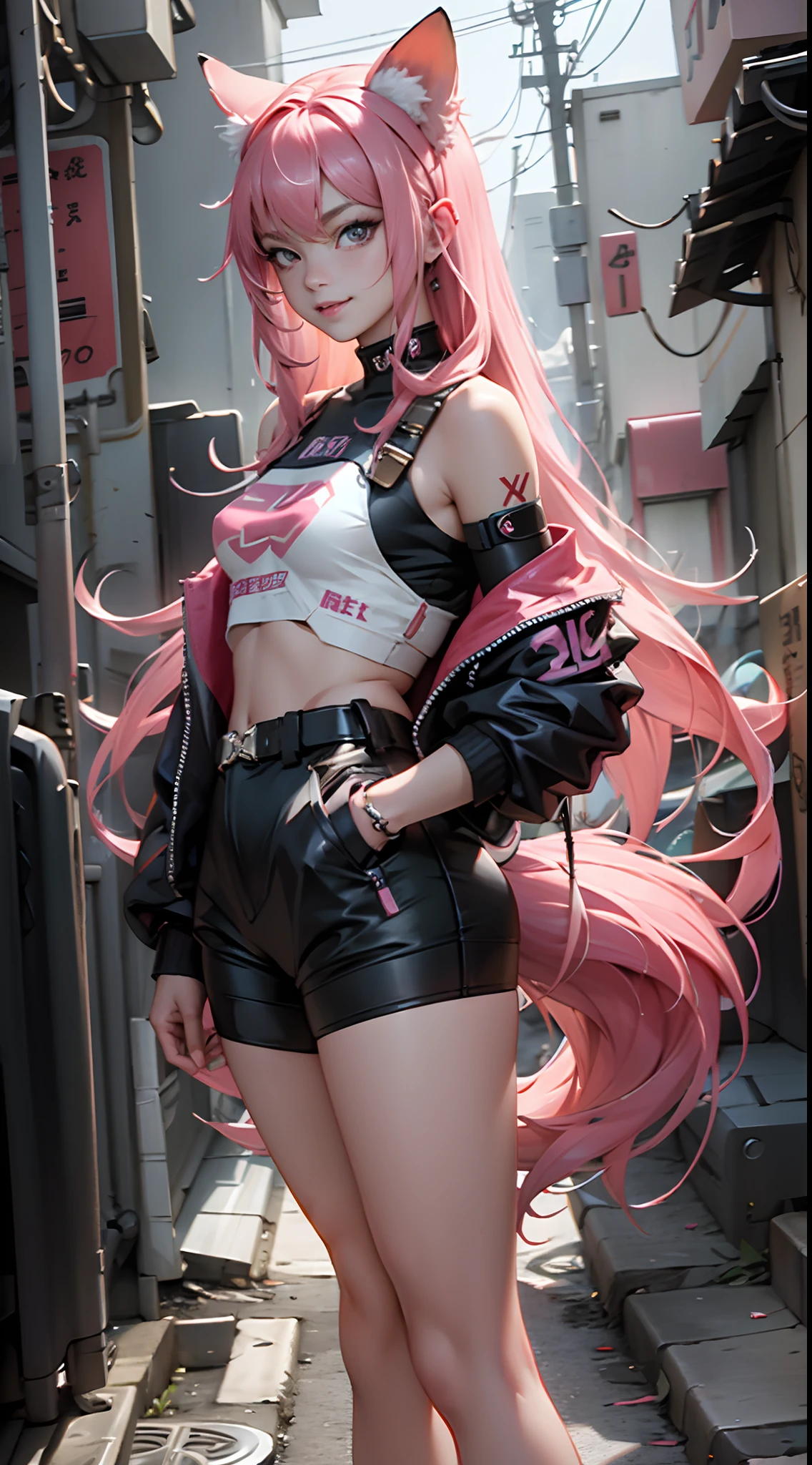 Beautiful woman with pink double tail long hair、cyberpunk style short clothes、Gaze towards the viewer、frontage、A slight smil