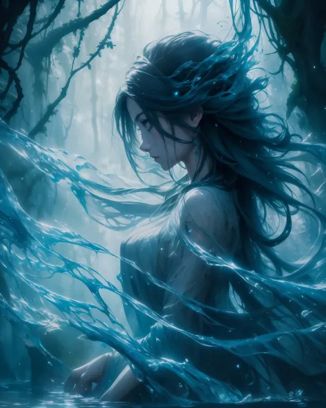 zrpgstyle, from_side from_below beautiful scary woman made of water (sadness expression:1.2) woman with (long water hair:1.2) ri...