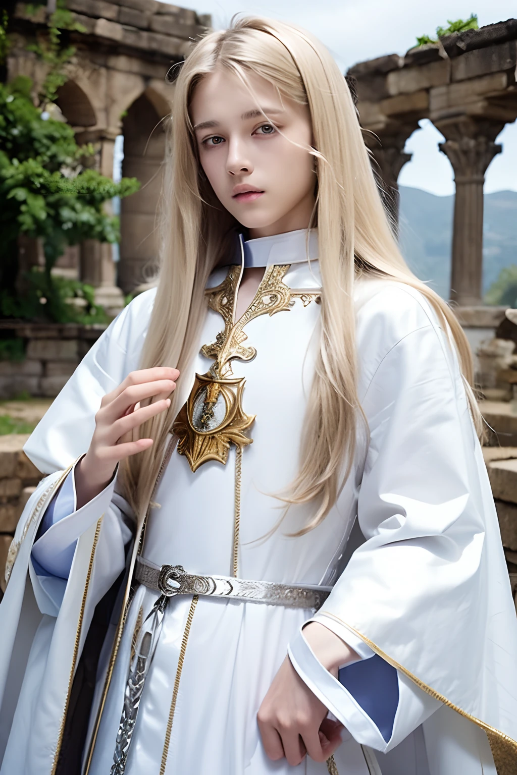 a beautiful teenage boy with bright light eyes and silky long blond hair, he has a white thin leather collar around his neck and is wearing white gold medieval fantasy robes attire, ancient fantasy ruins in the background