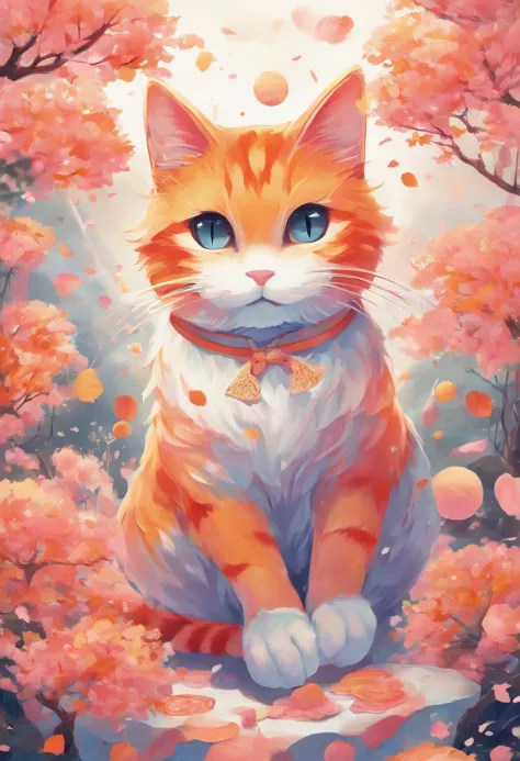 ​masterpiece, best qualtiy, Cat and Ball of Thread, Cat playing with balls of yarn, detaile, Warm colors, Peach petals falling around, Cat Anime, Beautiful fece