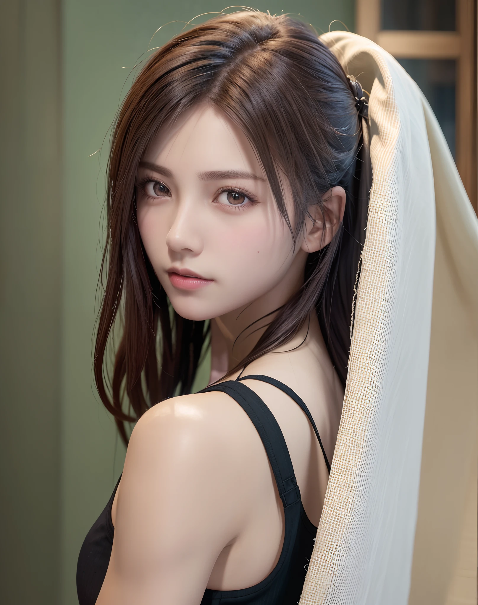 high quality picture, masutepiece, detailed hair texture, Detailed skin texture, Detailed Cloth Texture, 8K, Add fabric details, ultra detailed skin texture, ultra detailed photographic, Skin pores, Portrait of a girl, wearing tank top, Add cloth details, h...