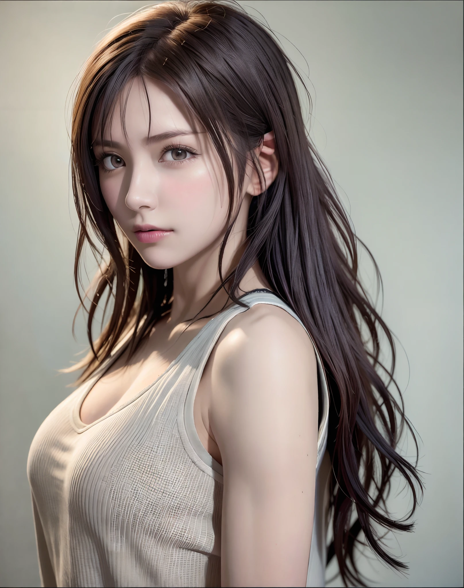 high quality picture, masutepiece, detailed hair texture, Detailed skin texture, Detailed Cloth Texture, 8K, Add fabric details, ultra detailed skin texture, ultra detailed photographic, Skin pores, Portrait of a girl, wearing tank top,