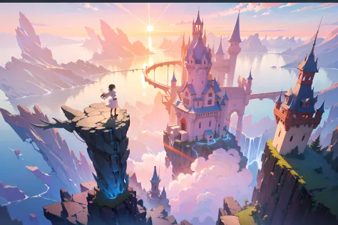 lanscape, a castle, floating islands, sunset, mountains, waterfalls, ((masterpiece)), anime art, Makoto Shinkai, Hayao Miyazaki, Studio Gibli, 4k, absurdres, best quality, (detailed: 1.3), HDR
