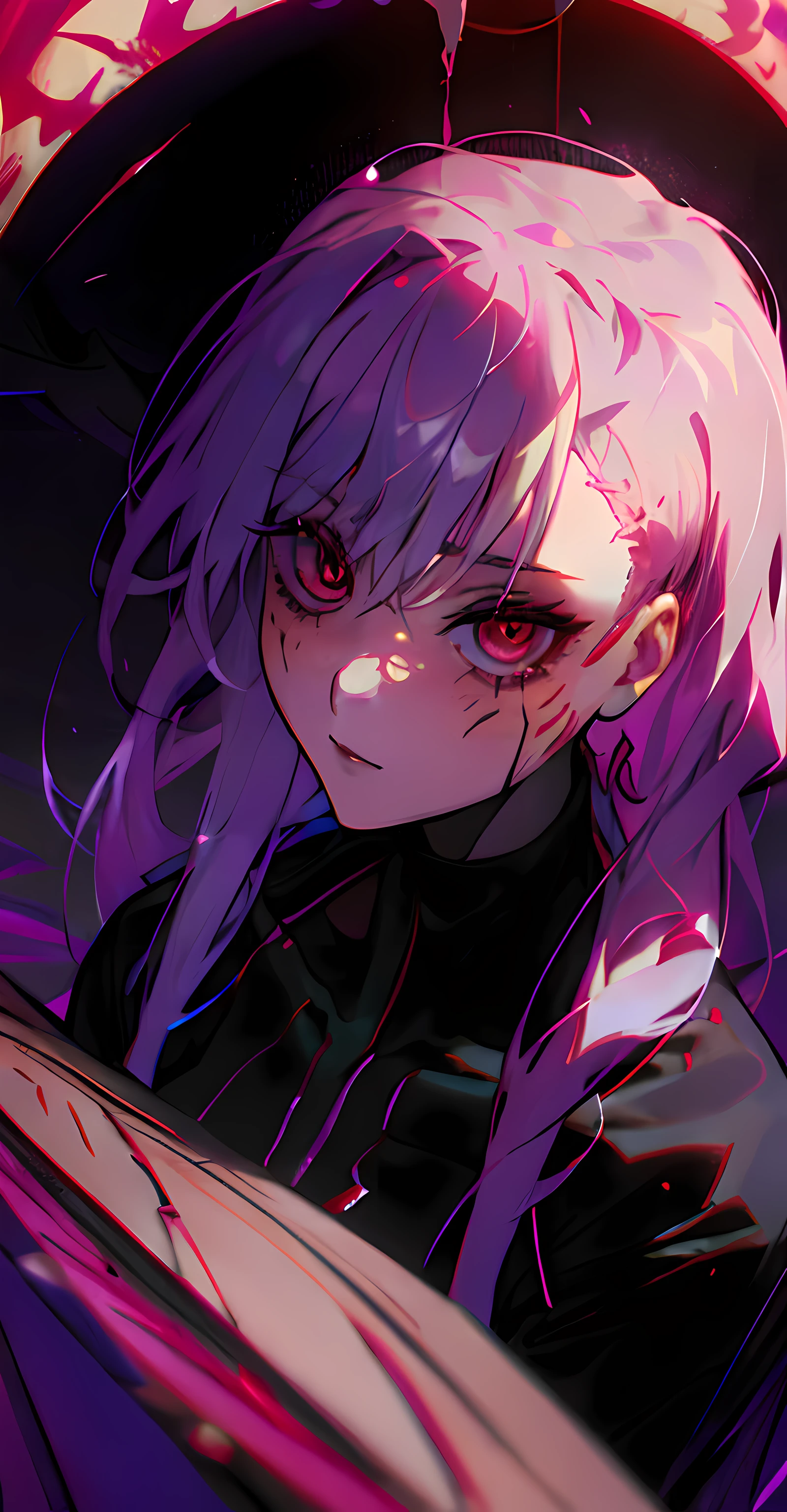 Anime girl with pink hair and purple eyes holding a knife - SeaArt AI