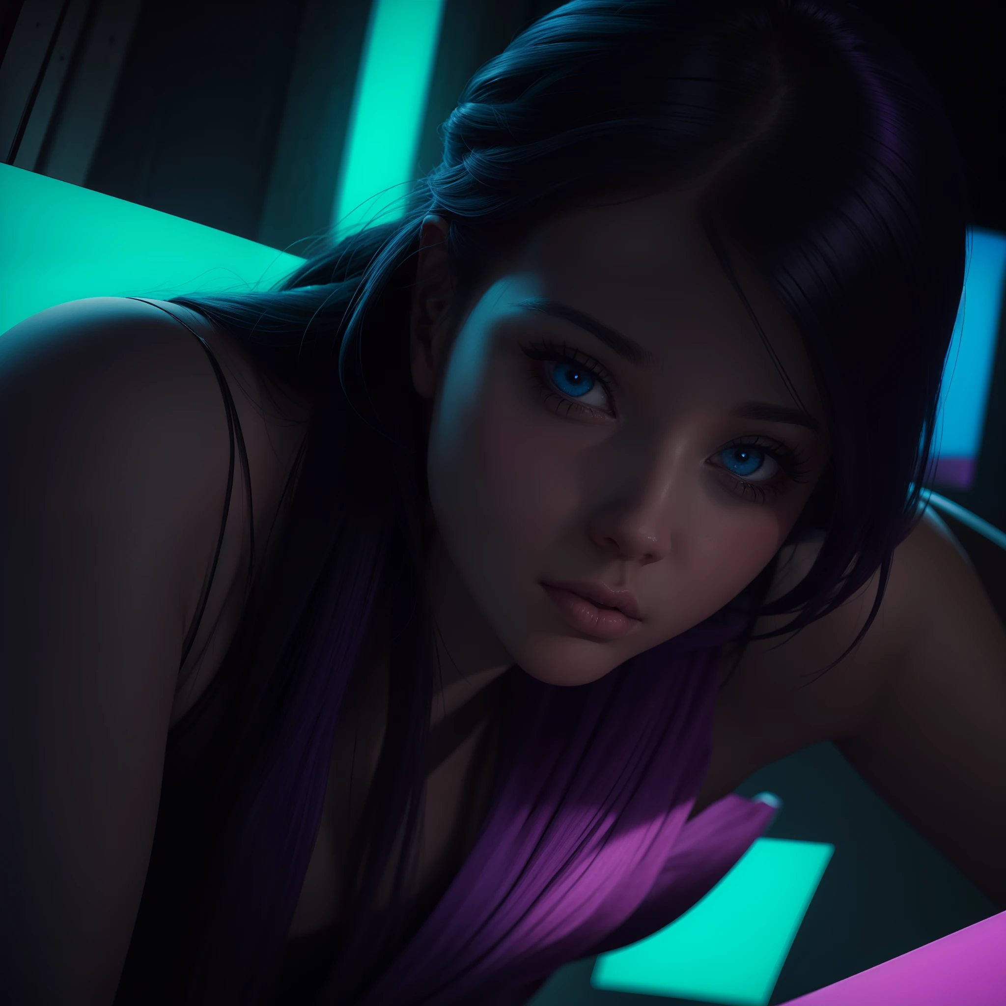 Hyperrealistic masterpiece lines of code on a readable transparent screen with neon purple and blue color, pink eyes, 23-year-old girls, bare shoulders, neon cyan