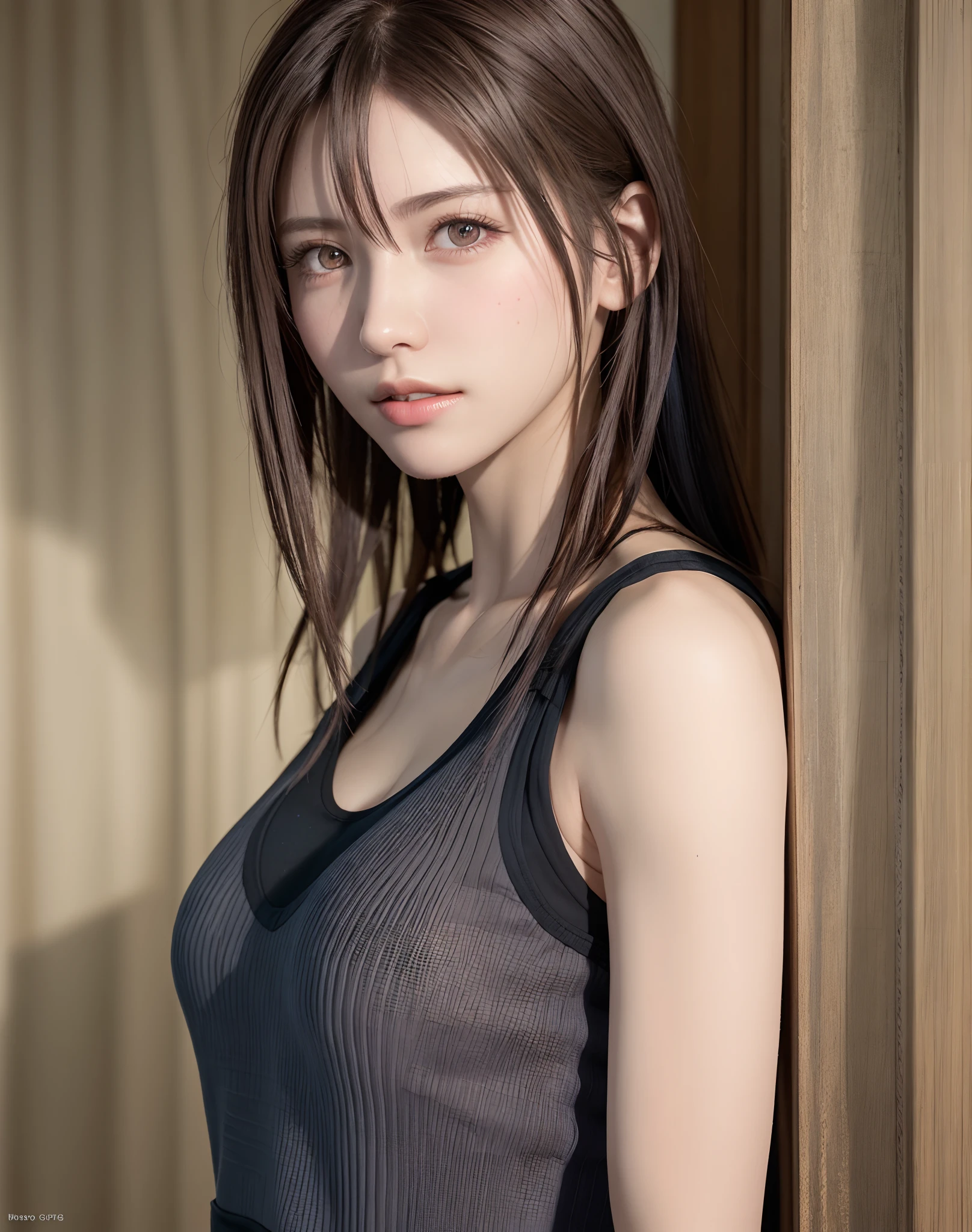 high quality picture, masutepiece, detailed hair texture, Detailed skin texture, Detailed Cloth Texture, 8K, Add fabric details, ultra detailed skin texture, ultra detailed photographic, Skin pores, Portrait of a girl, wearing tank top,