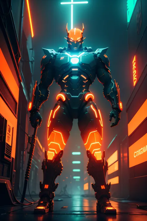 In the neon-lit depths of a cyberpunk metropolis, an ethereal orange and white cybernetic behemoth emerges from the darkness. Futuristic & sci-fi vibes entwined in an 8k photograph.