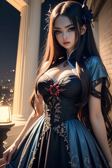 Insanely detailed photograph of a gorgeous demonic girl, evil goddes , long hair, intricate blue eyes, long floating dress,hanbo...