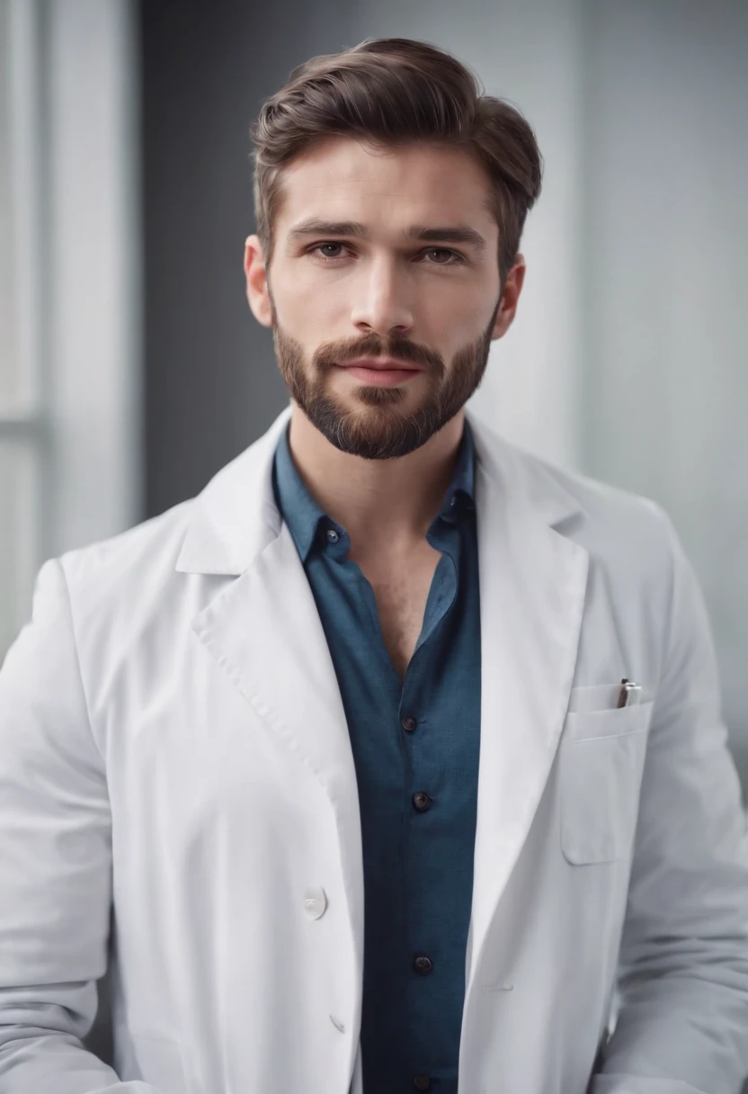 A close up of a male doctor in a white coat and blue tie - SeaArt AI