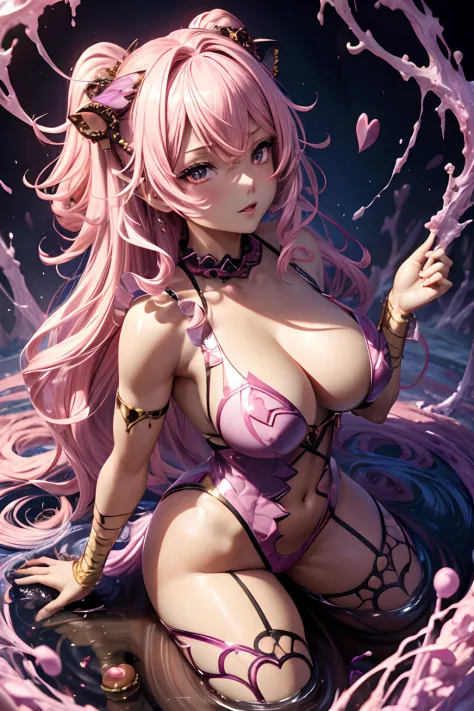 Beautiful Alluring candy hybrid african female, covered in gooey sticky candy, curly afro pink cotton candy hair, dark skin, inside a gooey candy filled river at fantasy candy forest, anatomically correct, cleavage, barely clothed, Beautiful D&D Character ...