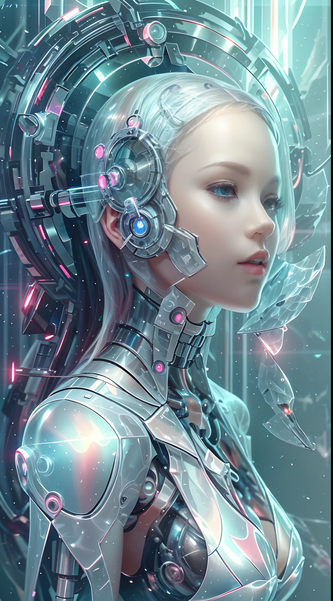 半透明空灵机械少女，未来派女孩，机械接头，未来城市背景