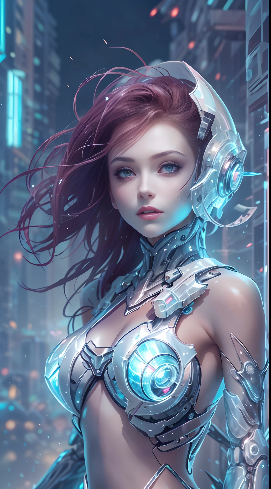 Translucent ethereal mechanical girl，Futuristic girl，Mechanical joints，futuristic urban background