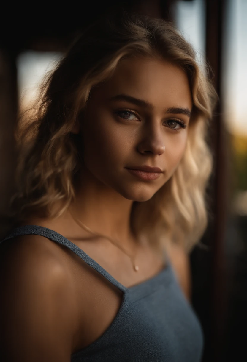 Portrait of 18-year-old blonde girl, perlo largo, brown eyes, enojada, agresiva, pandillera,