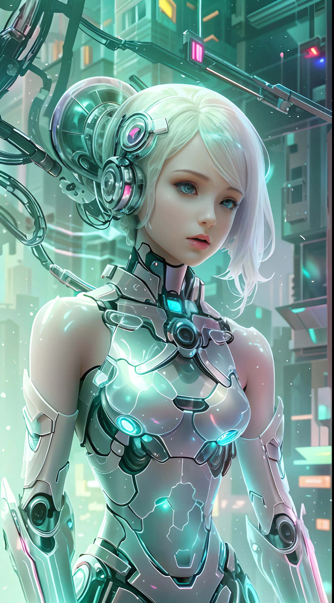 半透明で霊妙な機械少女，未来的な女の子，機械式ジョイント，未来的な都市の背景