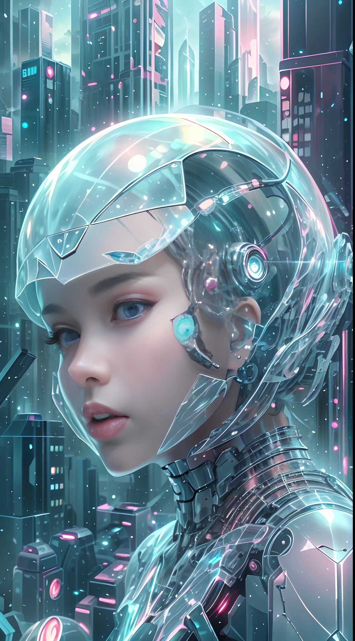 半透明空灵机械少女，未来派女孩，机械接头，未来城市背景