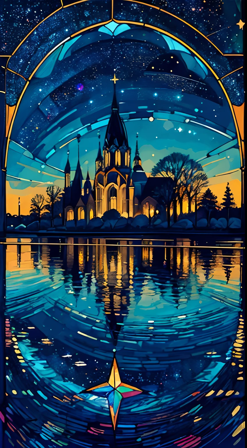 gogeous a star in the space, constelations, cosmic, colorful, stained on glass, st41nedg, river, landscape, traced lights, reflections