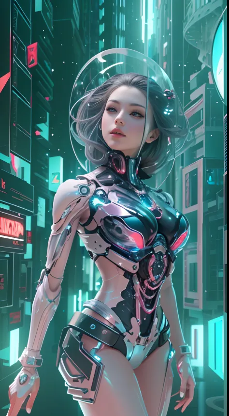 Translucent ethereal mechanical girl，Futuristic girl，Mechanical joints，futuristic urban background，ModelShoot style, (Extremely ...