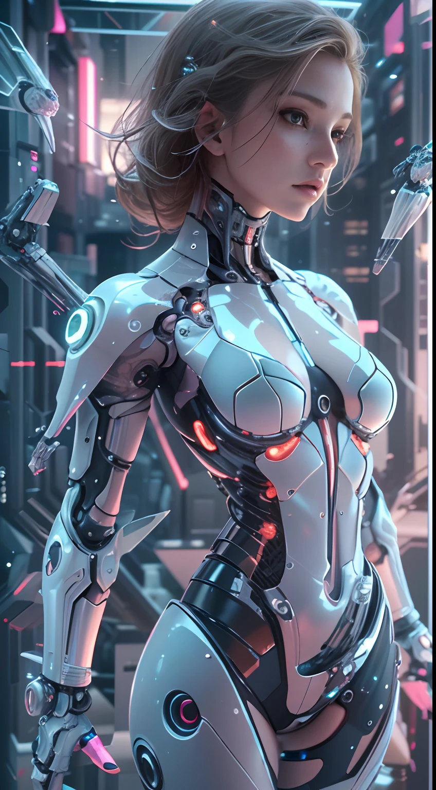 Translucent ethereal mechanical girl，Futuristic girl，Mechanical joints，futuristic urban background，ModelShoot style, (Extremely detailed Cg Unity 8K wallpapers), Abstract stylized beauty,，surrealism, 8K, Super detail, Best quality, Award-Awarded, Anatomically correct, 16k, Super detail