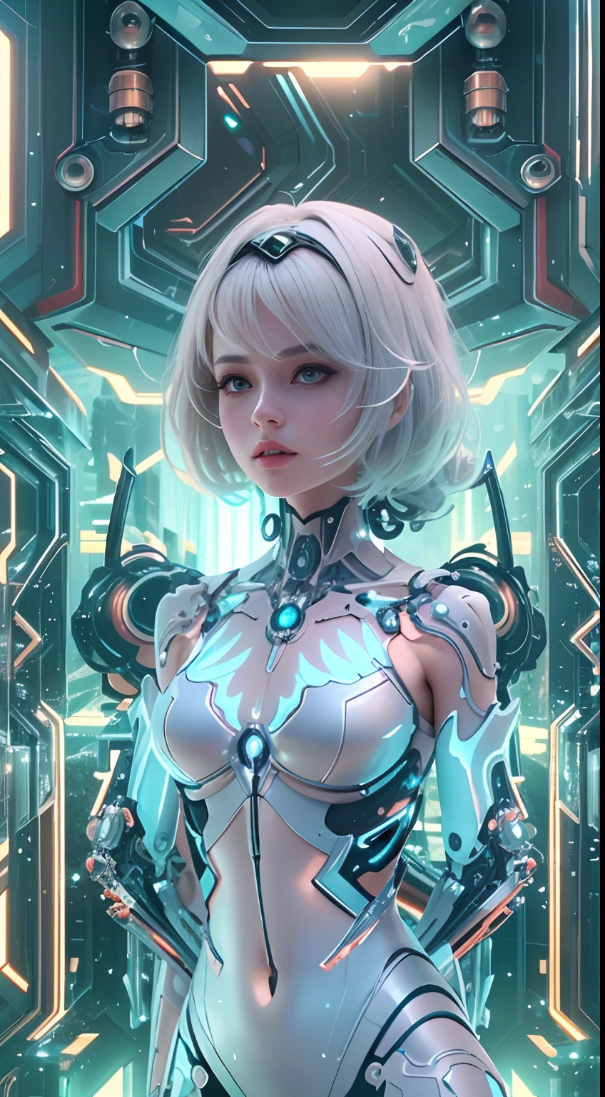 Translucent ethereal mechanical girl，Futuristic girl，Mechanical joints，futuristic urban background，ModelShoot style, (Extremely detailed Cg Unity 8K wallpapers), Abstract stylized beauty,，surrealism, 8K, Super detail, Best quality, Award-Awarded, Anatomically correct, 16k, Super detail