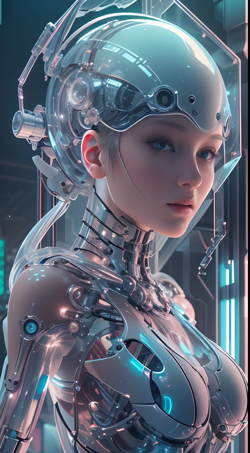 Translucent ethereal mechanical girl，Futuristic girl，Mechanical joints，futuristic urban background，ModelShoot style, (Extremely detailed Cg Unity 8K wallpapers), Abstract stylized beauty,，surrealism, 8K, Super detail, Best quality, Award-Awarded, Anatomically correct, 16k, Super detail