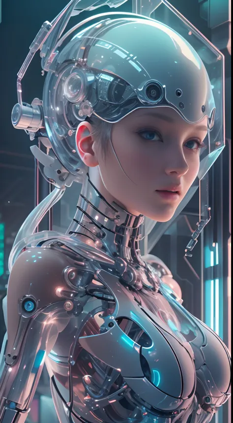 Translucent ethereal mechanical girl，Futuristic girl，Mechanical joints，futuristic urban background，ModelShoot style, (Extremely ...