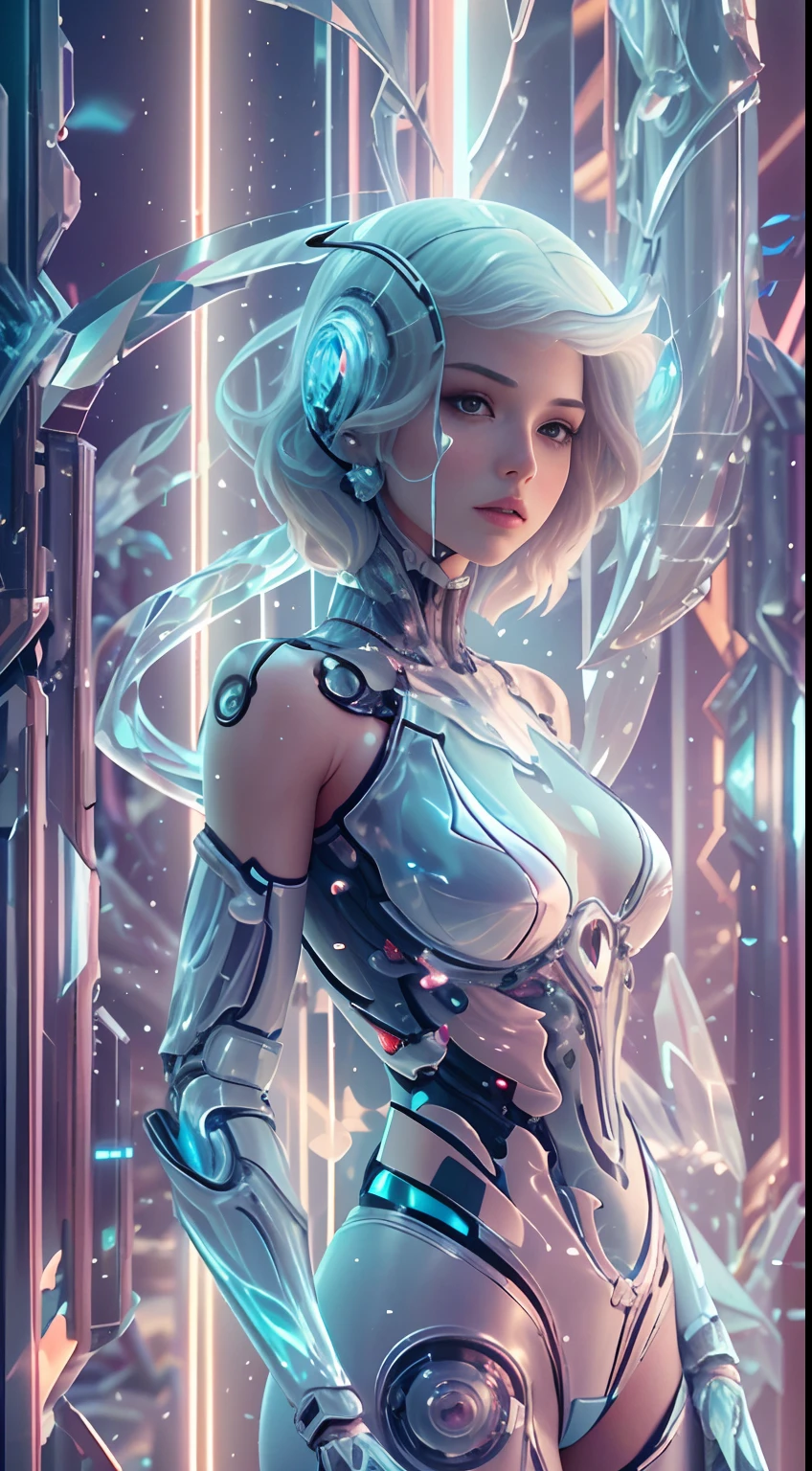 Translucent ethereal mechanical girl，Futuristic girl，Mechanical joints，futuristic urban background，ModelShoot style, (Extremely detailed Cg Unity 8K wallpaper), The beauty of abstract stylization,，surrealism, 8K, Super detail, Best quality, Award-Awarded, Anatomically correct, 16k, Super detail