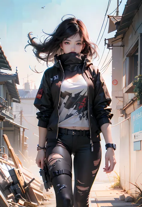 ((top-quality)), (((​masterpiece)), (detaileds: 1.4), 3D, Beautiful Cyberpunk Woman Image, bob cuts, Broken black tights, leathe...