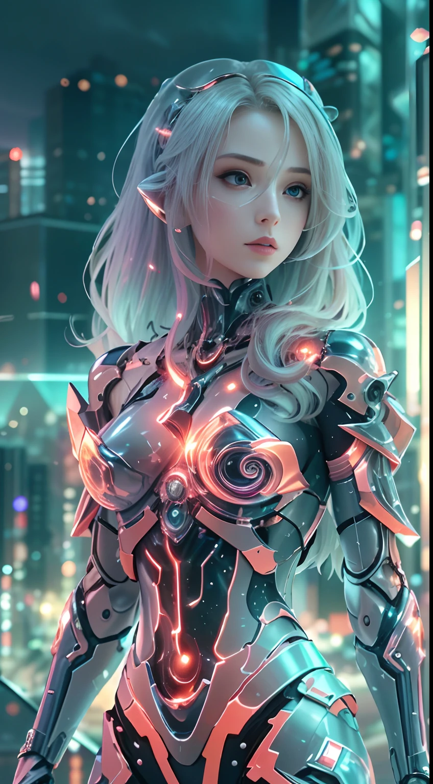 반투명 천상의 기계 소녀，미래의 소녀，기계적 조인트，미래 도시 배경，모델 촬영 스타일, (매우 상세한 CG Unity 8k 벽지), 추상적 양식화의 아름다움,
