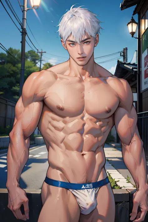 A Korean man, Slim body , Pale Asian skin, good eyes, Detailed body,massive bulge， Detailed face, Wear white thongs, Bare lower body, Good outdoor lighting, A sexy pose, Good expression , Sexy but cute, No beard, ,Only thongs, A handsome face like a K-pop ...
