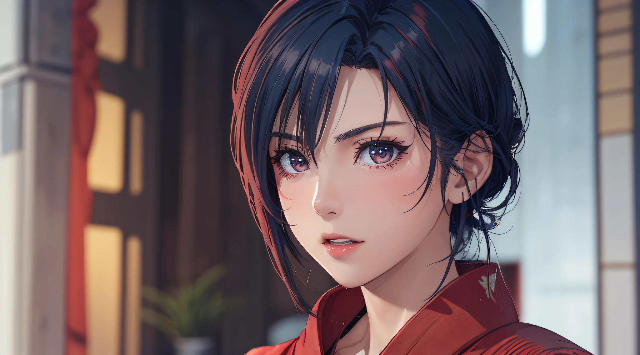 Sareme、((Incredibly beautiful villain woman in red kimono:1.3))、((NSFW))、Asymmetrical ultra-short hair,、cleavage of the breast、a matural female、Very boyish and cool、sky blue hair,Red inner hair、Bedroom with cyberpunk night view、Great lighting、Small eyes、Black eyes、D-Cup Peak、serious facial expression