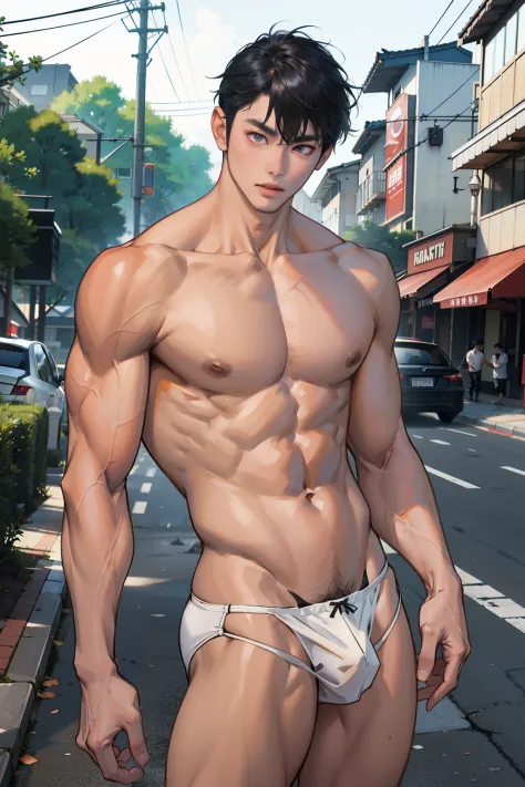 A Korean man, Slim body , Pale Asian skin, good eyes, Detailed body,massive bulge， Detailed face, Wear white thongs, Bare lower body, Good outdoor lighting, A sexy pose, Good expression , Sexy but cute, No beard, ,Only thongs, A handsome face like a K-pop ...