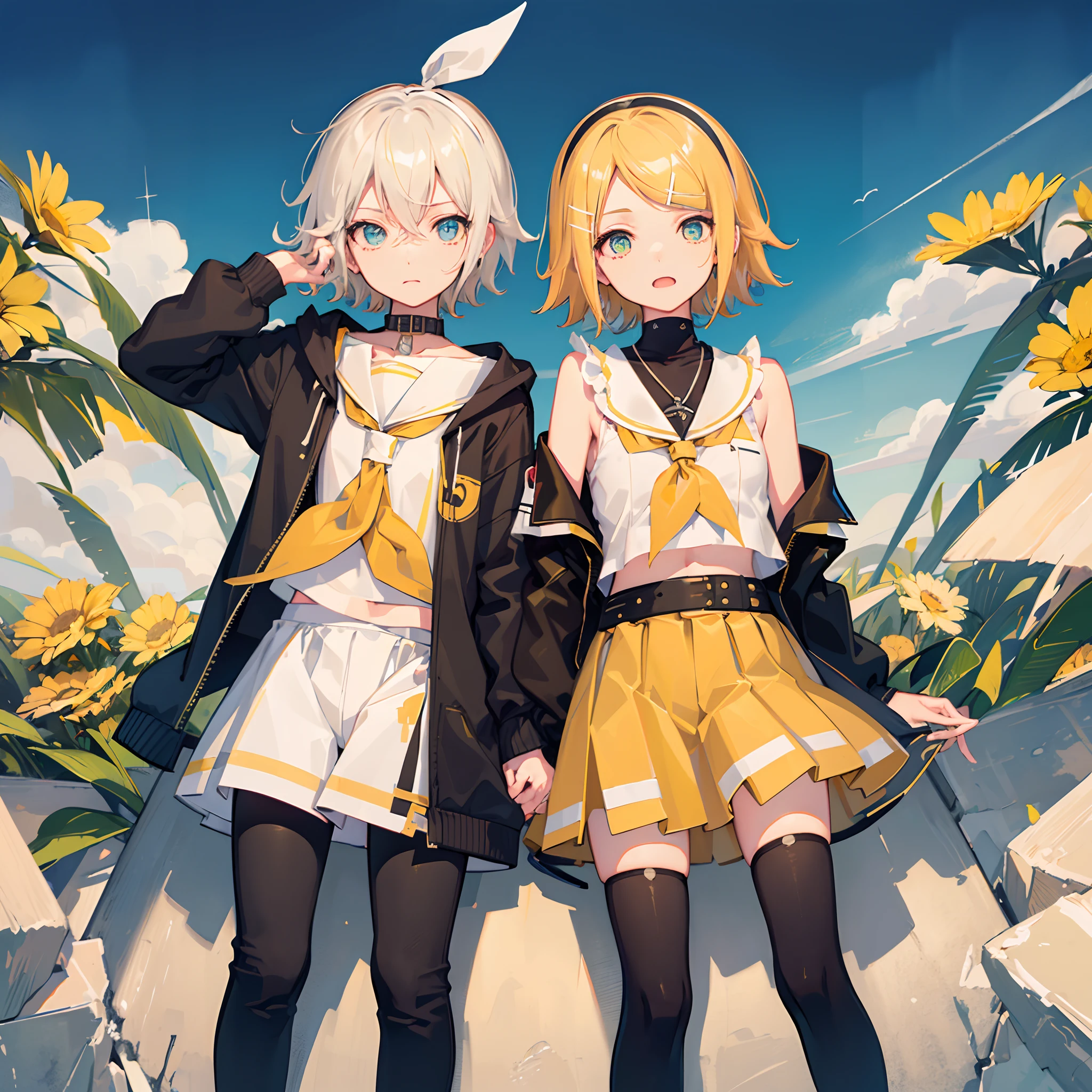 The best quality, Ultra precision, A girl, (Kagamine_also), blue eyes, Sailor Necklace, black shorts, sleeveless, auricular, beltt, White shirt, young, Child, fresco, childish, yellow Neckerchief,