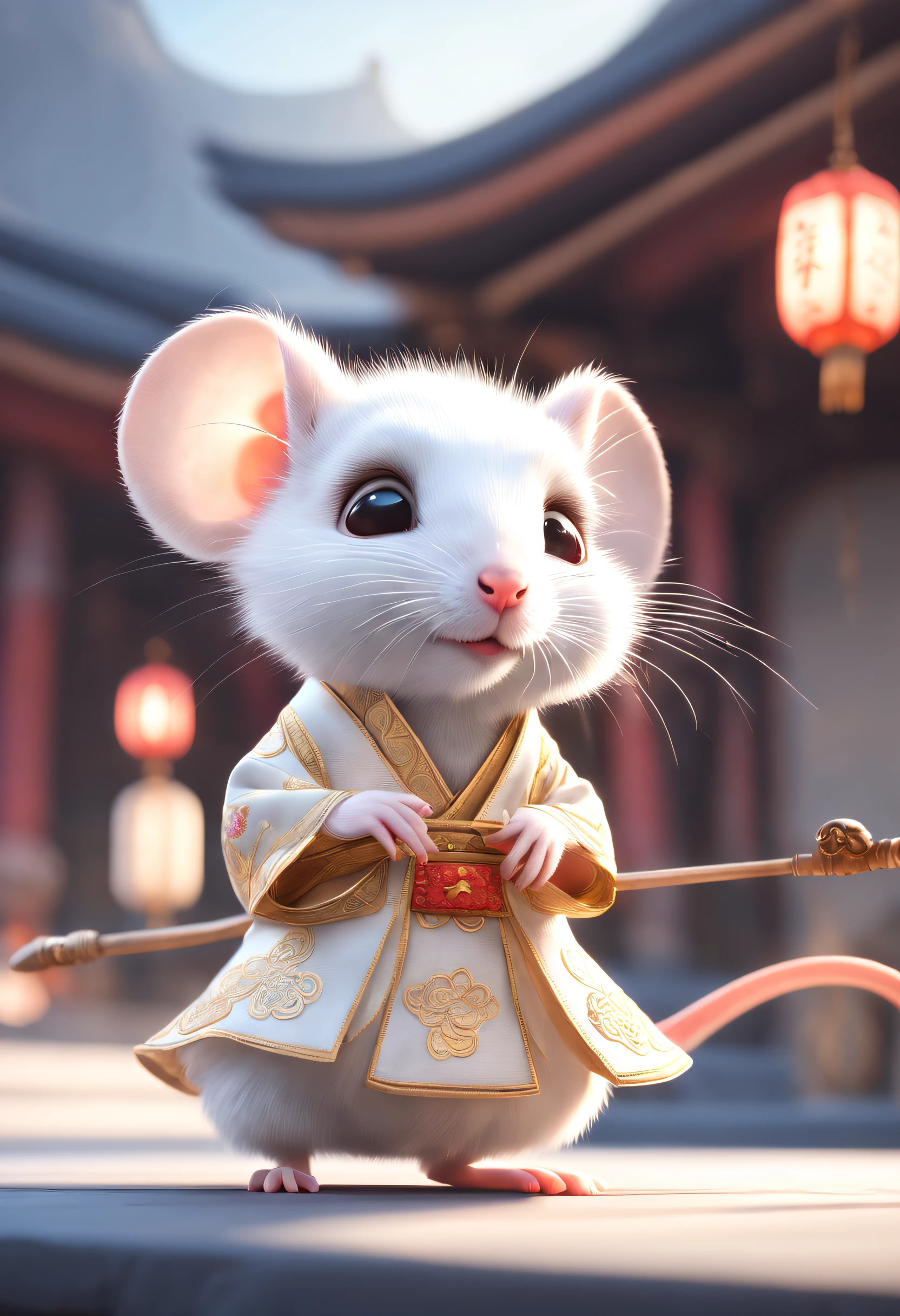 A little white rat in a soft Chinese Tang Dynasty Chinese costume, super cute, cinematic lighting, intricate filigree design, Pixar style, anthropomorphic, big eyes, smile, peach blossom, flow, charming, immortal, fluffy, shiny bristles, ptals, fairy tale, unreal engine 5 and octane rendering, incredibly detailed, 4K, trending in art station, gorgeous, Super wide angle, 4K --ar 10:16 --test --video --upbeta