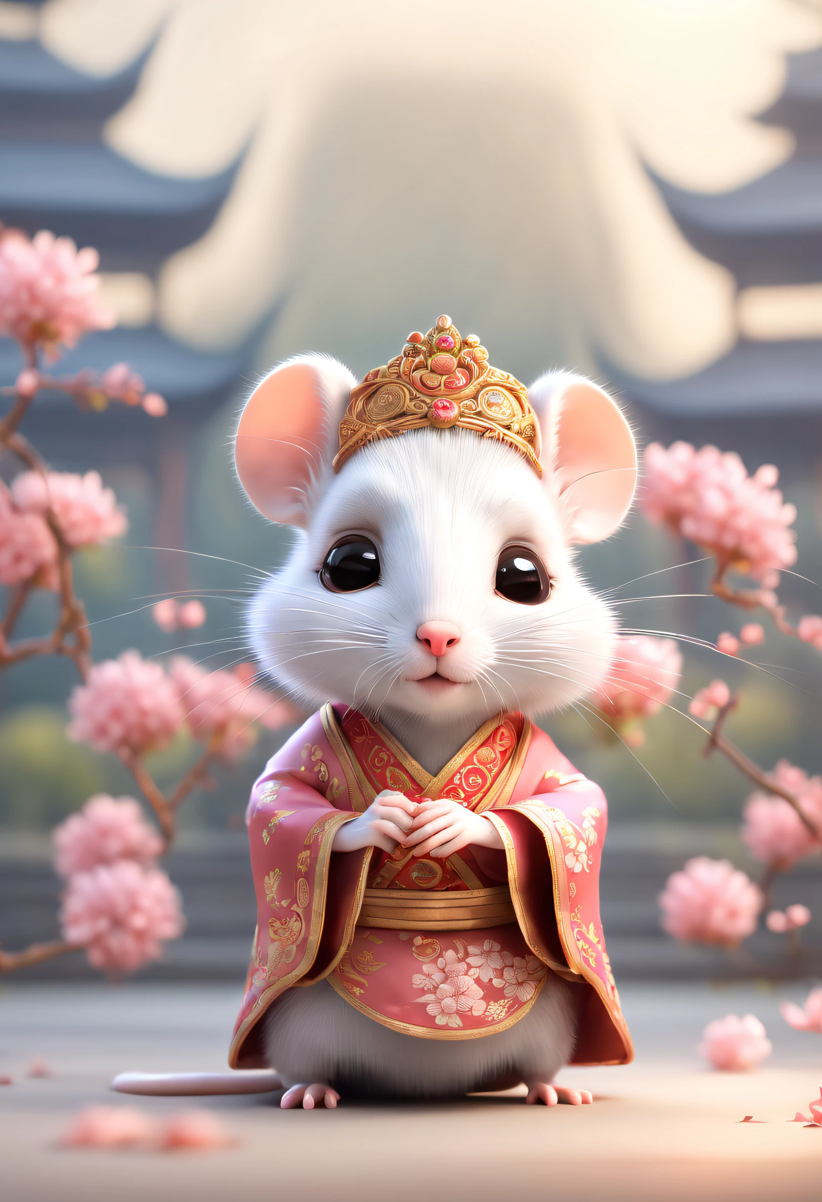 (A little white rat )in a soft Chinese Tang Dynasty Chinese costume, super cute, cinematic lighting, intricate filigree design, Pixar style, anthropomorphic, big eyes, smile, peach blossom, flow, charming, immortal, fluffy, shiny bristles, ptals, fairy tale, unreal engine 5 and octane rendering, incredibly detailed, 4K, trending in art station, gorgeous, Super wide angle, 4K --ar 10:16 --test --video --upbeta