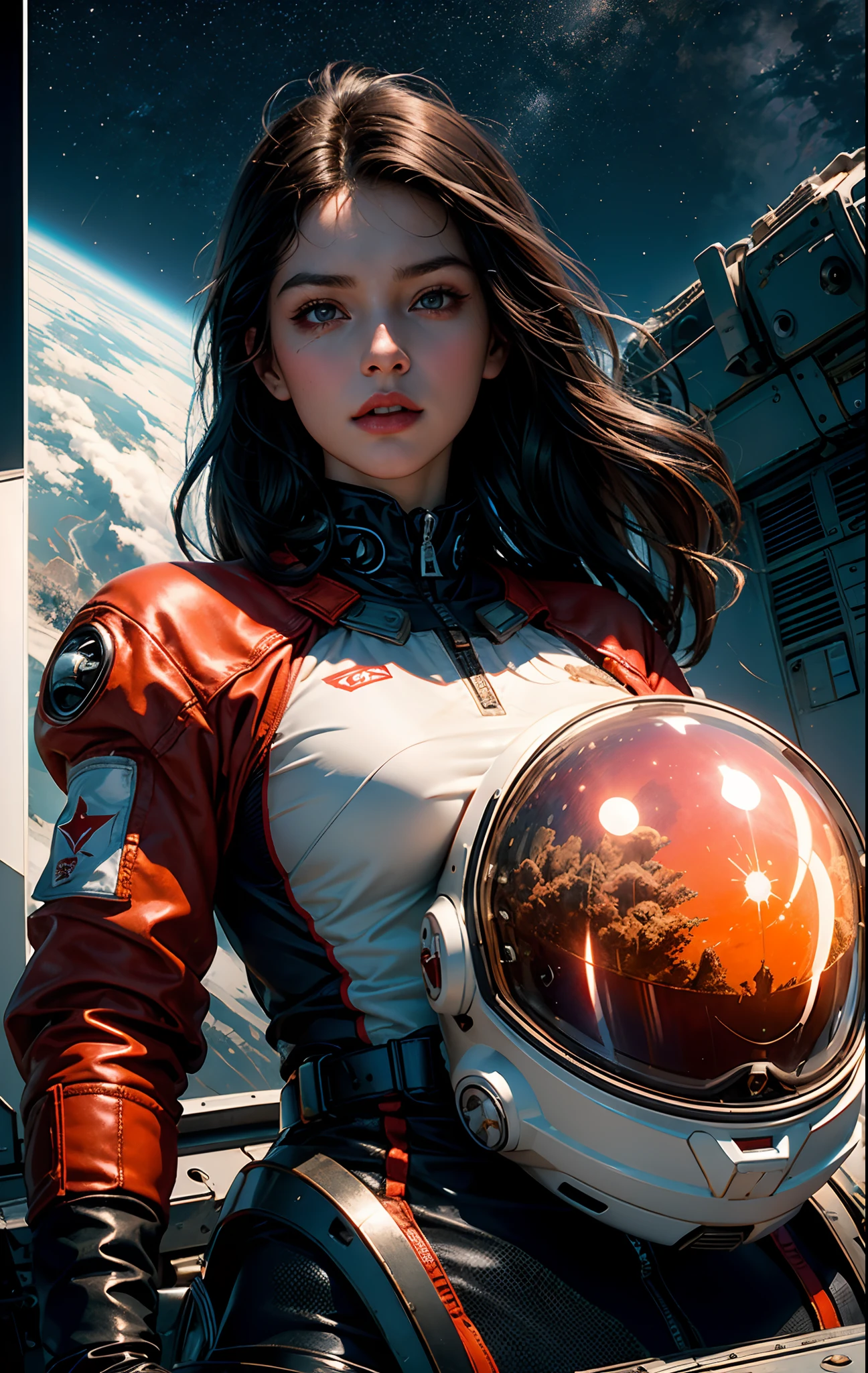 1girl,flat_breasts,cute,beautiful detailed eyes,shiny hair,visible through hair,hairs between eyes, CCCPposter, sovietposter,red monochrome,soviet poster, soviet,communism,
Black_hair,red_eyes,vampire,teenage,poorbreast,Spacesuit:Orange_clothing_body:jumpsuit),white_gloves, white_space shoes, white_helmet, the CCCP red letters on the top of helmet, weightlessness, Side light, reflection, The person in the spacesuit is at the bottom left of the frame, The right hand is outstretched, the right hand gently touches the Salyut space station), Space station in the upper right corner of the screen, Reflected light from the sun, Silver metal,red flag, brilliance,USSR style, diffuse reflection, Metallic texture, The vista is a blue Earth,mecha style,the sea of star,high tone, magnificent