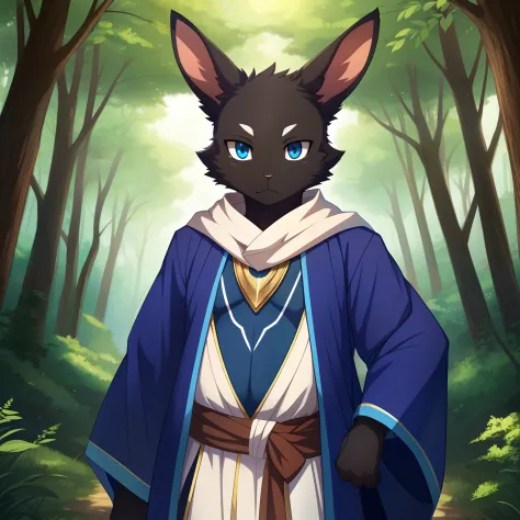 masterpiece, solo, 1boy, furry, kemono, furry rabbit, anthropomorphic, male, black fur, black skin, blue eyes, blue wizard robes...