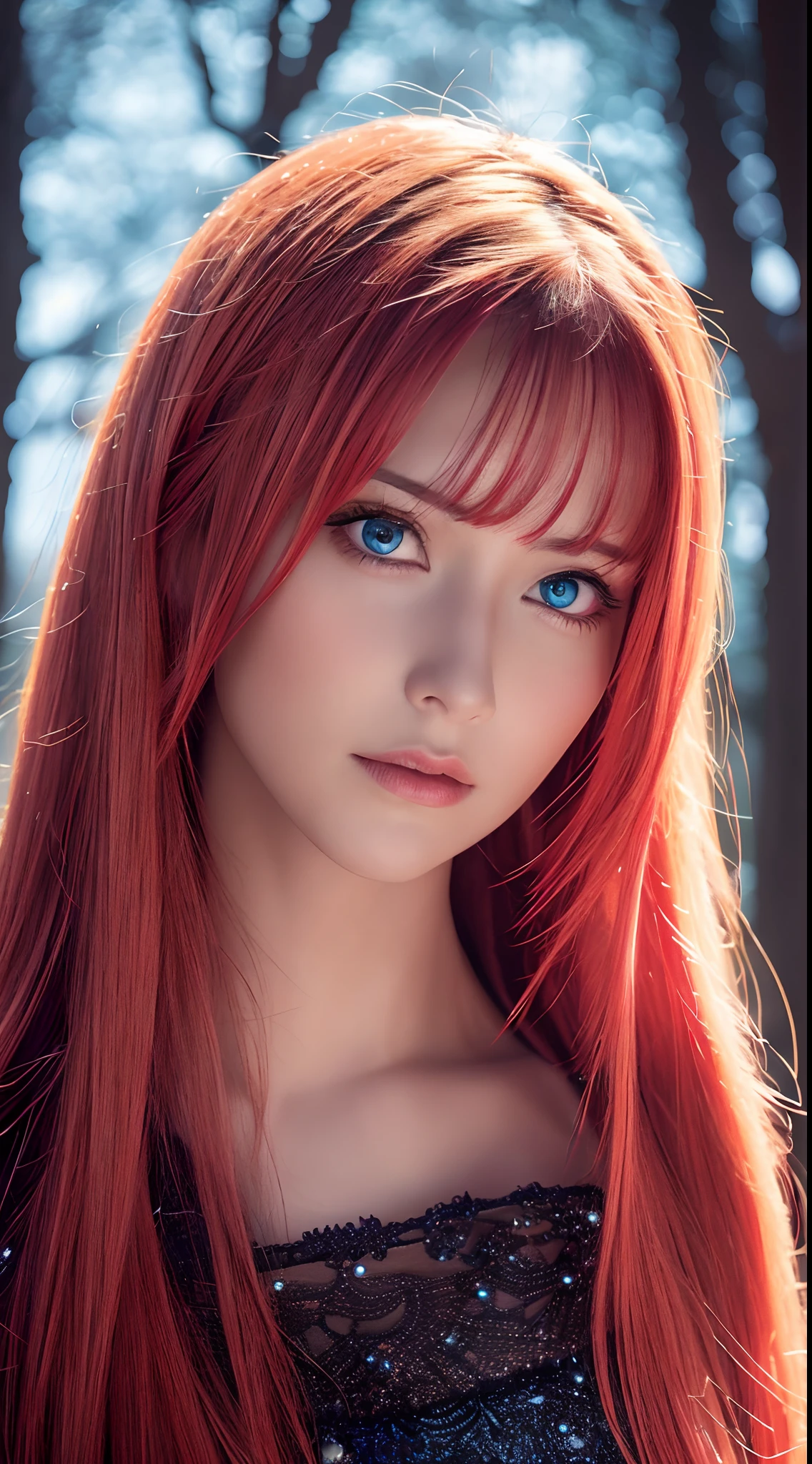 Best quality, 4K, high resolution, Masterpiece:1.2, super ultra detail, (Realistic, Photorealistic, photo-realistic:1.37), vibrant, Red and blue heterochromic eyes，Strong gaze，Mesmerizing eye contact，Fire-red iris，Dark blue shining stars，Shining pupils，Vivid colors，Portrait，Fantasy art，Magical red light，Ethereal beauty，Red color palette，Long yellow hair，Cloak like red