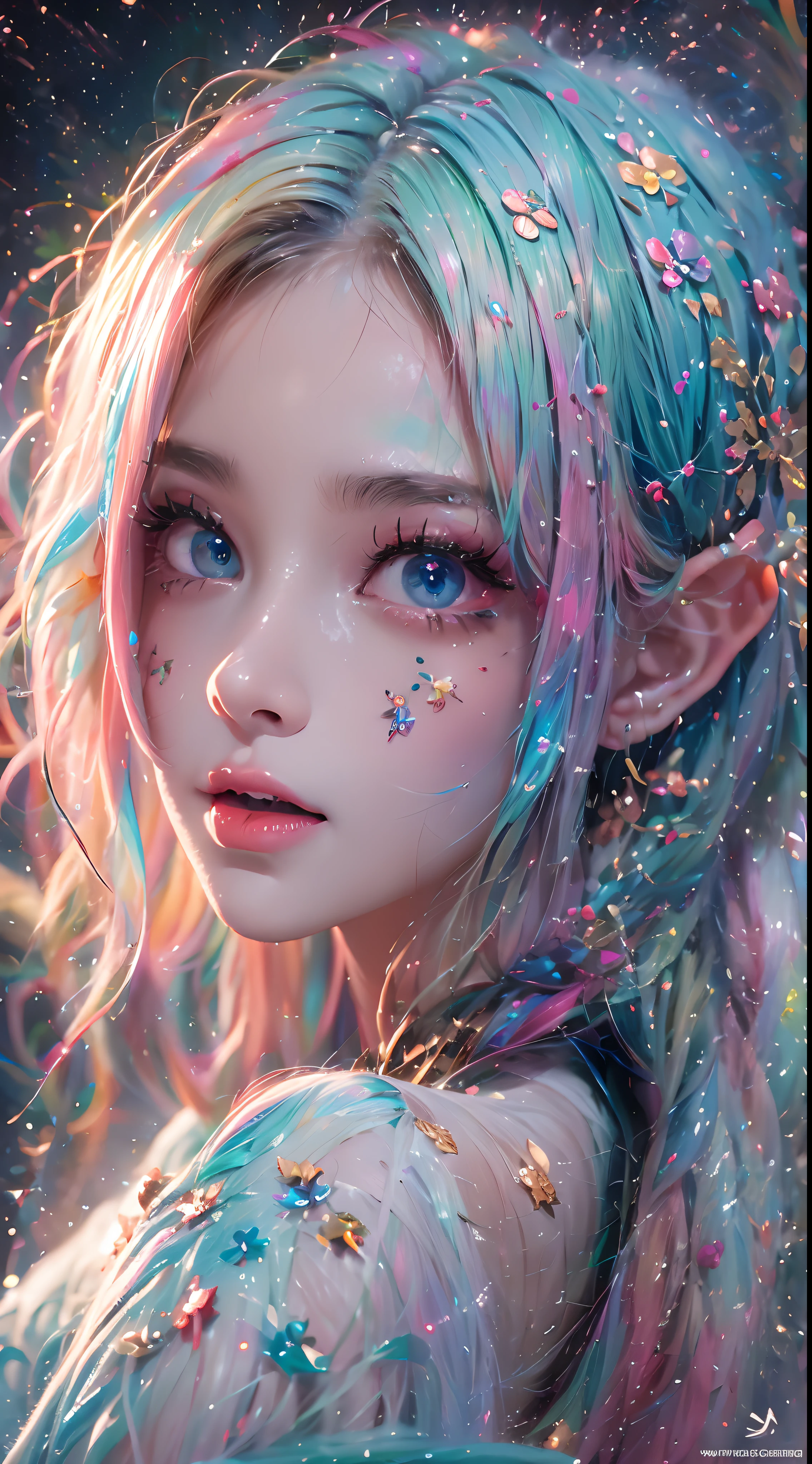 ( Absurd, High quality, Ultra-detailed, Masterpiece, concept-art, smooth, high detail artwork, Hyper-realistic painting , high resolution, paint splatter, colored splashing, Splash of Ink, colored splashing), (( Rainbow hair)),elf, Plum elf, plum , Transparent fairy wings, wearing only his underwear，huge tit，low chest，fairytale-like, Romantic, Vivid, Whole body,hand behind back，Malu，largeeyes，（Eye focus），Cosmic eyes，Full body photo，Space eyes，In nature with waterfalls，pureerosface_v1，ulzzang-6500-v1.1，