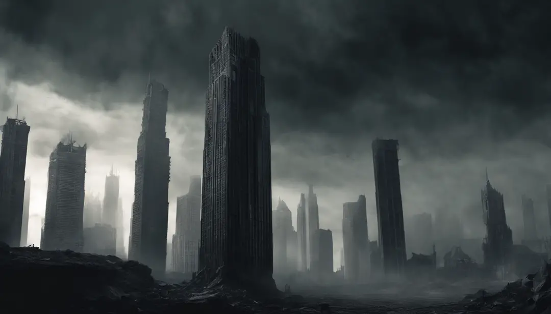 image of skyscrapers with a view of the street looking up, tense and dry environment in the air, dark environment, contemporary clothes, bible, biblical stories, based on the story of the apocalypse from the old testament, 8k, cinematic, realistic
