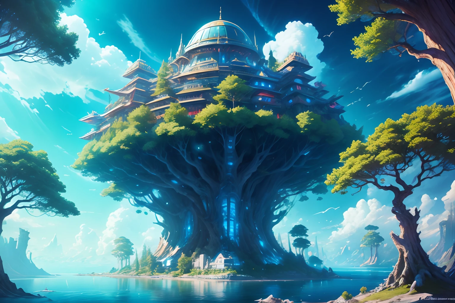 (hyper realistic), ((maximalism)), floating city in the sky with dramatic lighting and vibrant colors, (ultra wide angle), anime style, dramatic blue sky, placid crystal blue water, billowing clouds, highly populated, (((ancient trees)))
