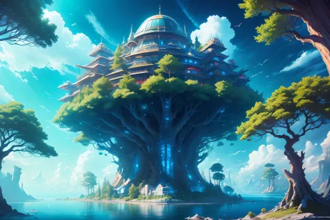 (hyper realistic), ((maximalism)), floating city in the sky with dramatic lighting and vibrant colors, (ultra wide angle), anime...