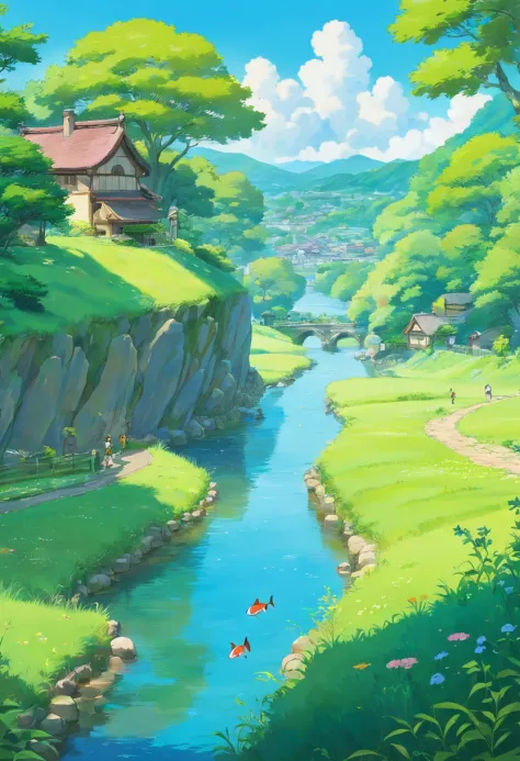 Landscape scenery of a grass field with a river with fish in it, blue sky, village area, anime