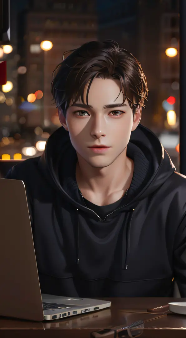 Sitting at a laptop table、Close up portrait of man with face and gaze to the left, Realistic art style, Peter Parker, Photoreali...