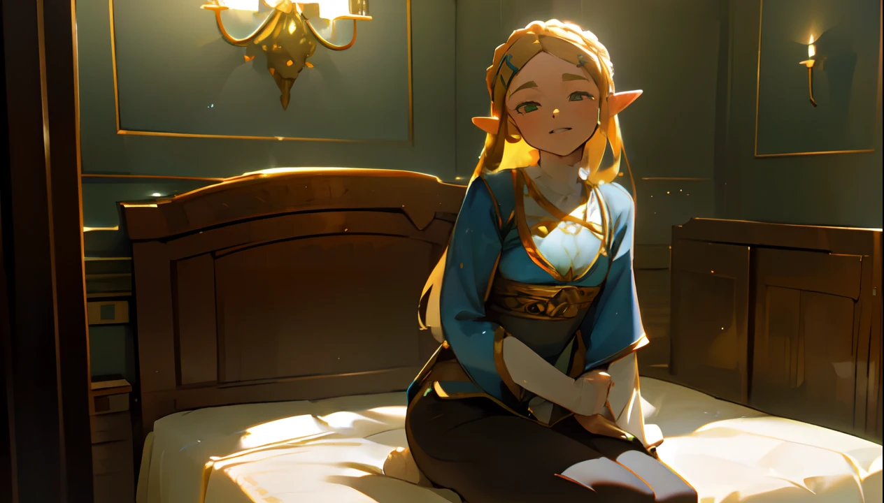 8k, raw camera, highres, detailed, masterpiece, portrait, photorealistic, hyperrealist, aesthetic, beautiful, best quality, highly detaile, best quality clothing, aesthetic clothings, professional angle, rule of thirds, Feminine, delicate, beautiful, 19 years, attractive Japanese, (solo), 1 girl, (Princess Zelda, Botw), (Indoors), (in a room), ((Full Body)), ((From Front) Shallow Depth of Field), -, ((Normal)), (Semi Long Hair, Blonde Hair), (Loose Hair, Braid, - Hair), ((HairClips, Pointy Ears)), (- Eyes, Open Eyes, Cheerful Gaze), (-, Arms Down, Hands Down), ((Sitting), Closed Mouth), -, -, (Average Bust), ((-, Black Pants)), (-, -), (Leather), beautiful body, beautiful eyes, shiny eyes, shiny hair, beautiful mouth, beautiful lips, beautiful skin, beautiful face. She sits bored on a beautiful bed, bored, tired look. looking sideways, blushing, not smiling, ancient bedroom, castel bedroom